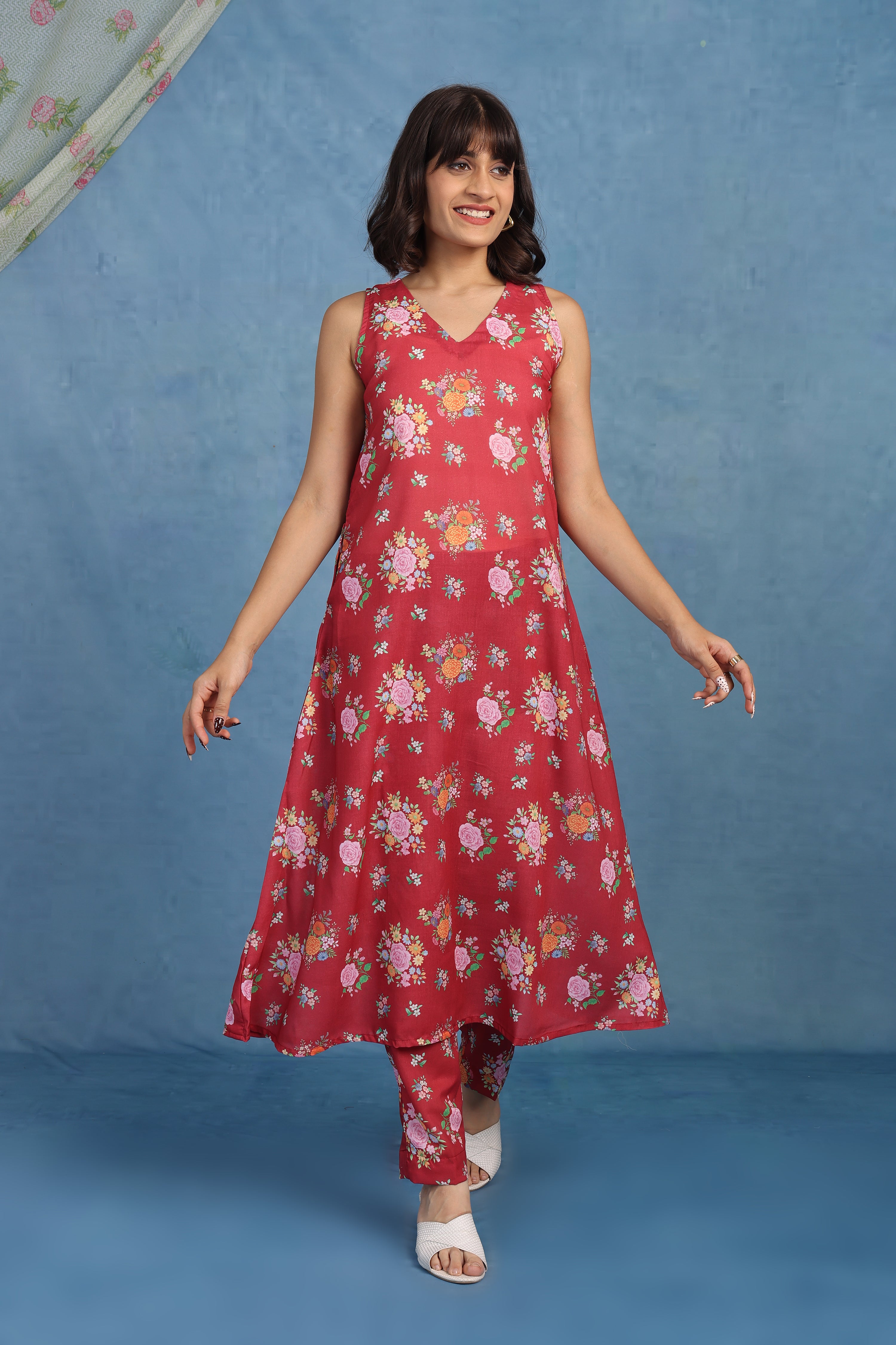 English Rose Garden – Crimson Red Co-ord Set - Top And Bottom