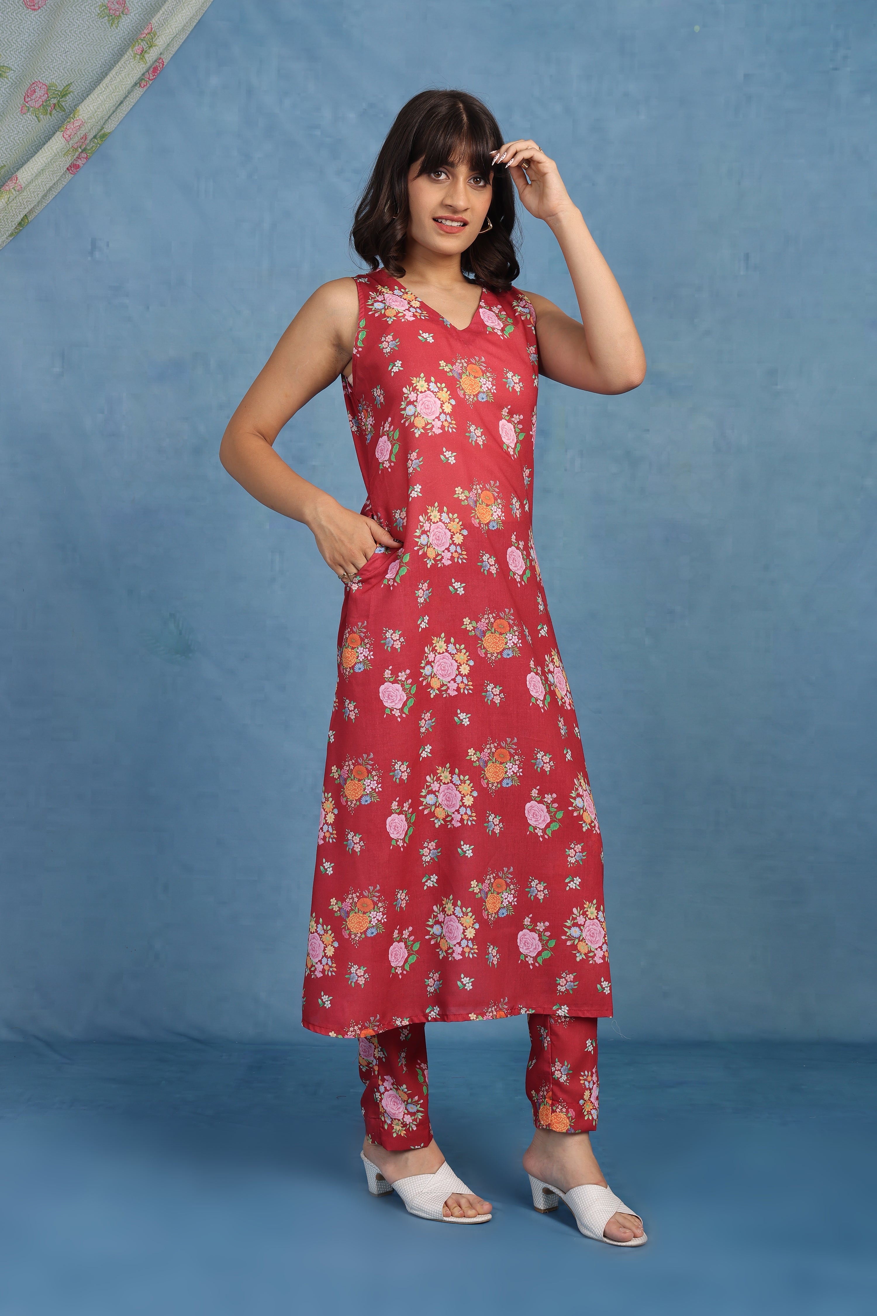 English Rose Garden – Crimson Red Co-ord Set - Top And Bottom