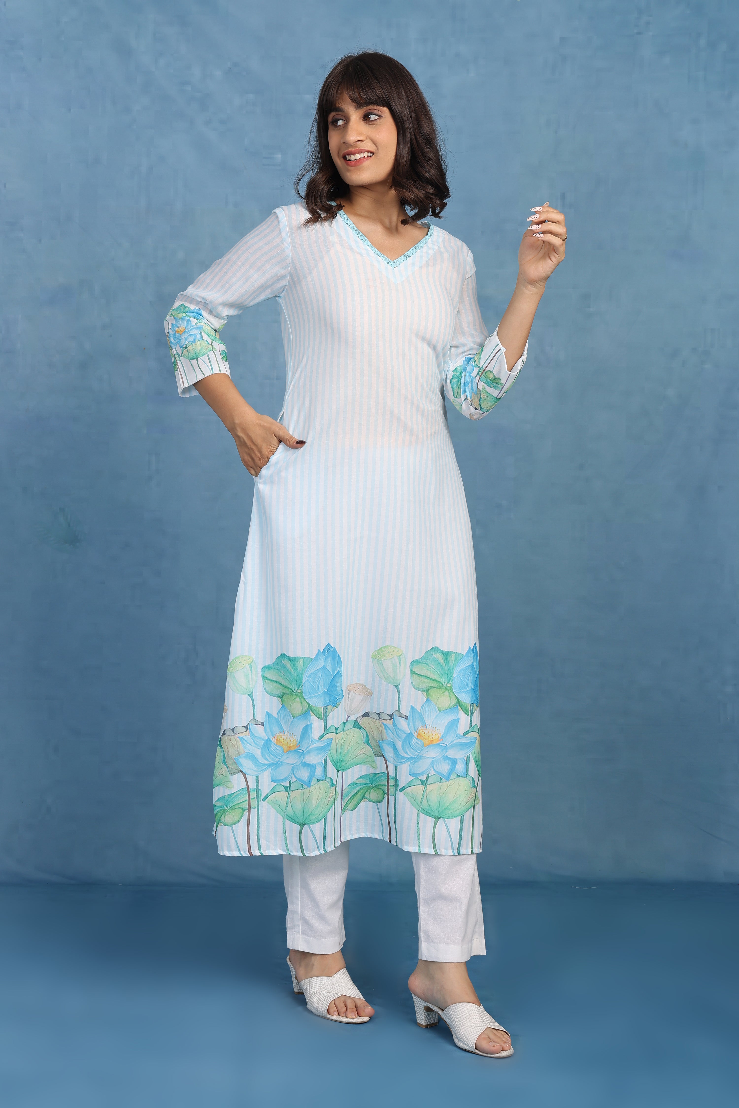 Petals Of Lotus – Powder Blue Kurta - Only Top