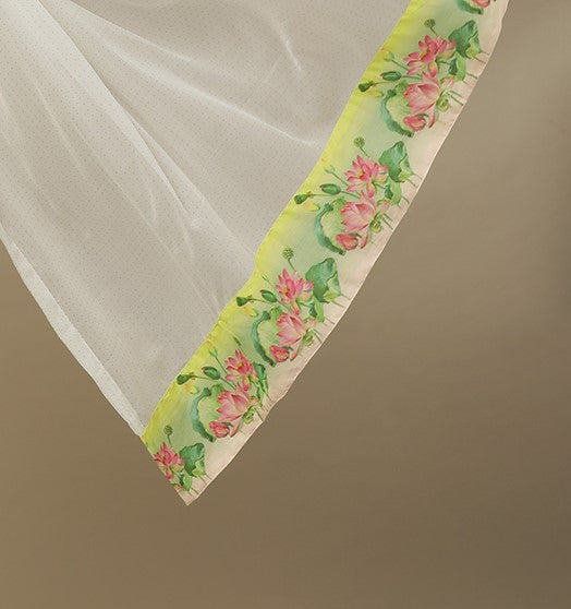 Ivory Lotus Printed Cotton Suit With White Chiffon Dupatta - Kurta & Pant with Dupatta