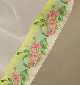Ivory Lotus Printed Cotton Suit With White Chiffon Dupatta - Kurta & Pant with Dupatta