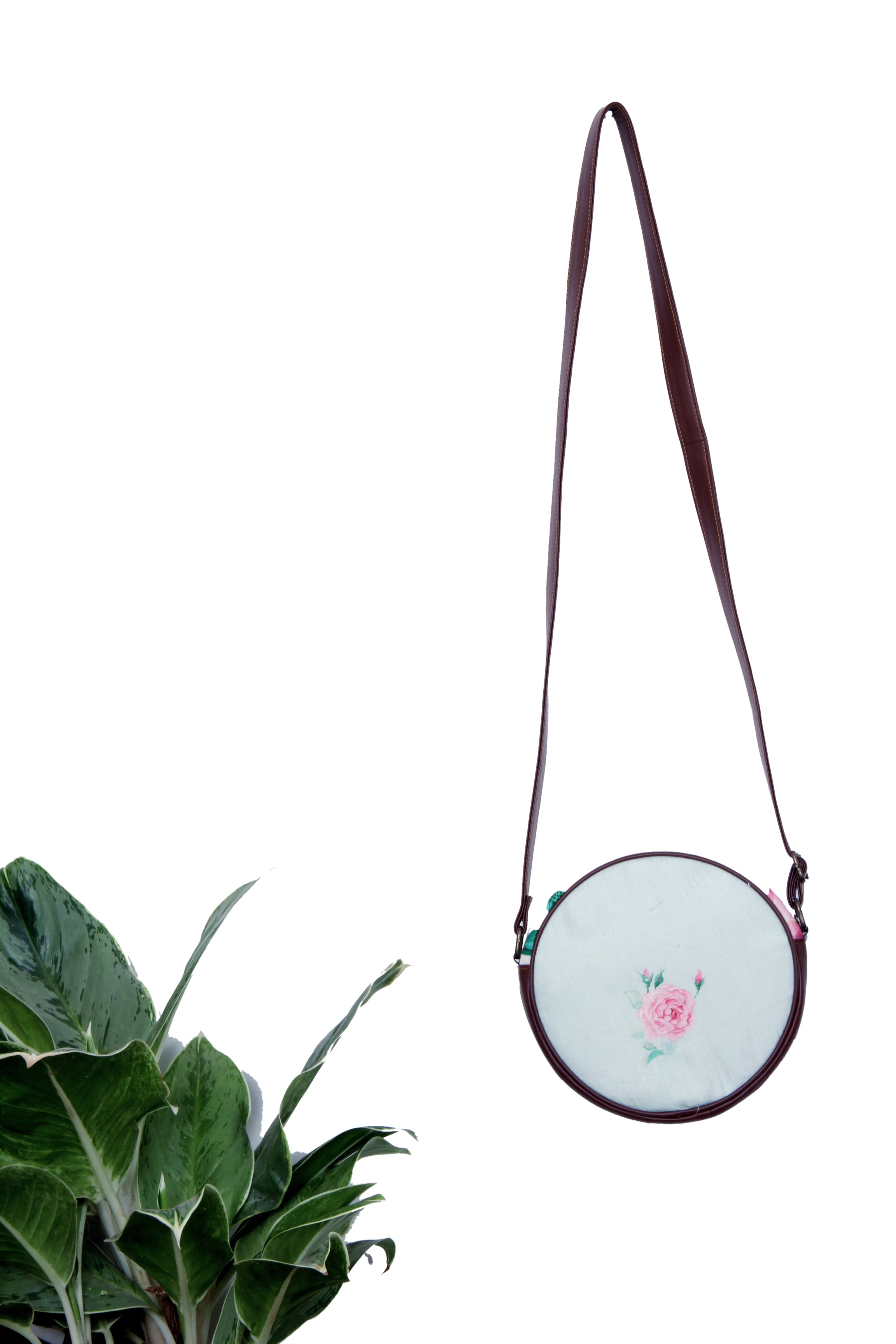 Round Sling Bags In Linen And Faux Leather - Tina Eapen Design Studio