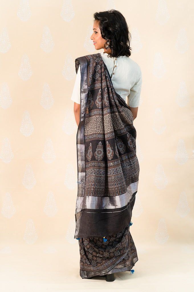 Charcoal Handloom Cotton Saree with Ajrakh Prints - Tina Eapen Design Studio