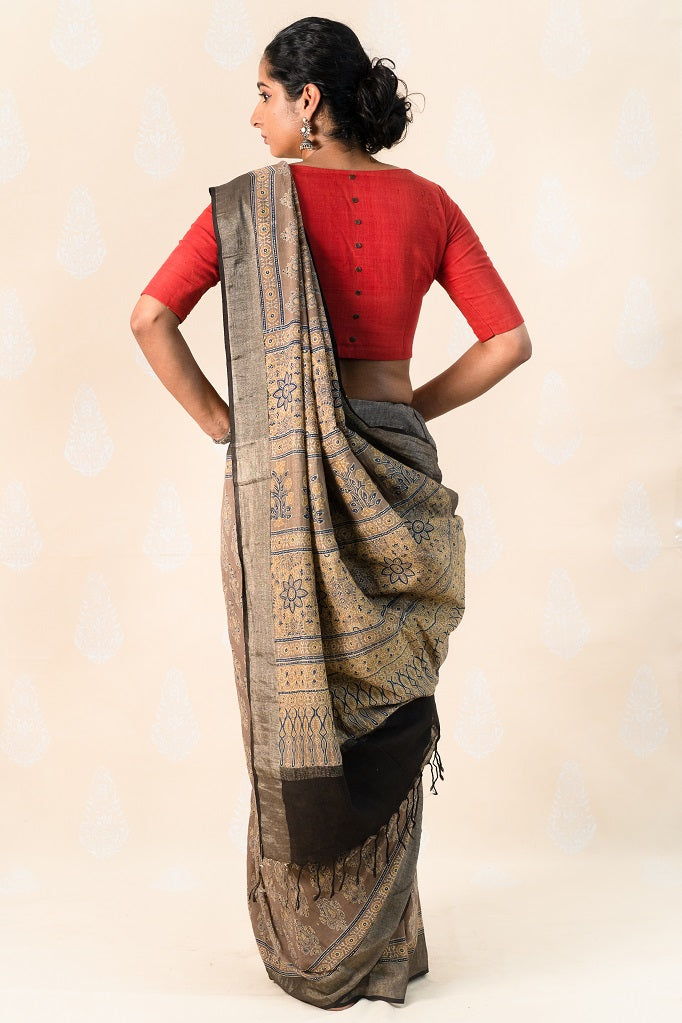 Clay Khadi cotton with Ajrakh Print - Tina Eapen Design Studio