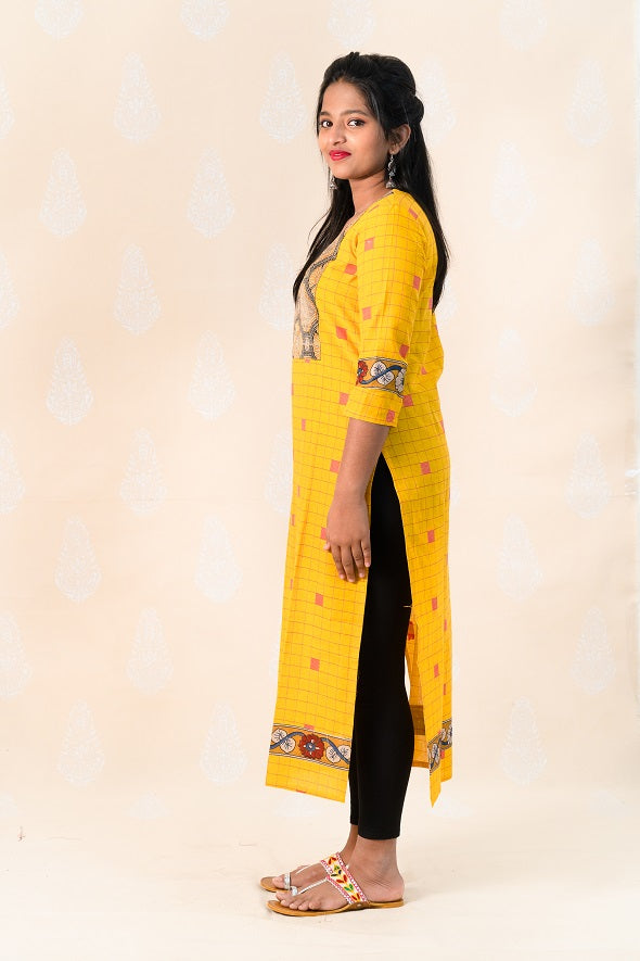 Long Yellow Chettinad Cotton Kurta with Ajrakh - Tina Eapen Design Studio