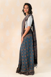 Indigo khadi saree with Ajrakh print - Tina Eapen Design Studio