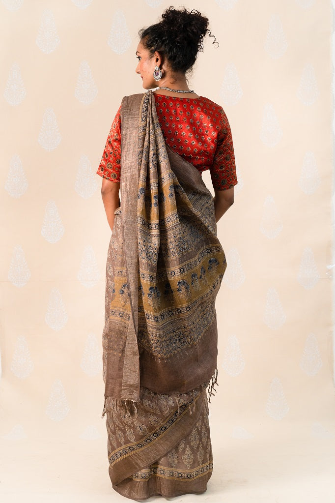 Clay Linen saree with Ajrakh print - Tina Eapen Design Studio