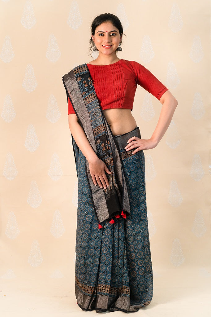 Indigo Linen saree with Ajrakh Prints - Tina Eapen Design Studio