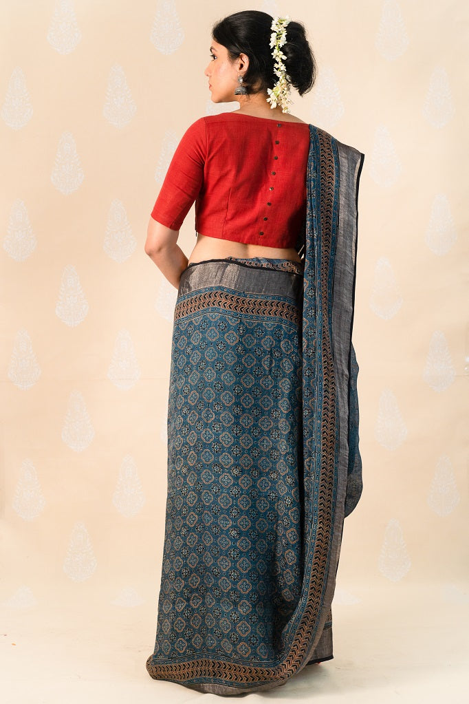 Indigo Linen saree with Ajrakh Prints - Tina Eapen Design Studio