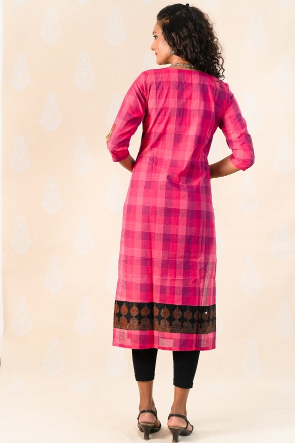 Long Pink Chettinad Cotton with Ajrakh - Tina Eapen Design Studio