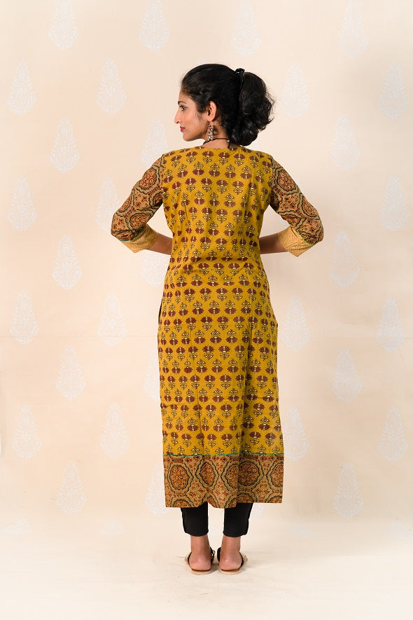 Long Mustard Cotton Ajrakh Kurta - Tina Eapen Design Studio
