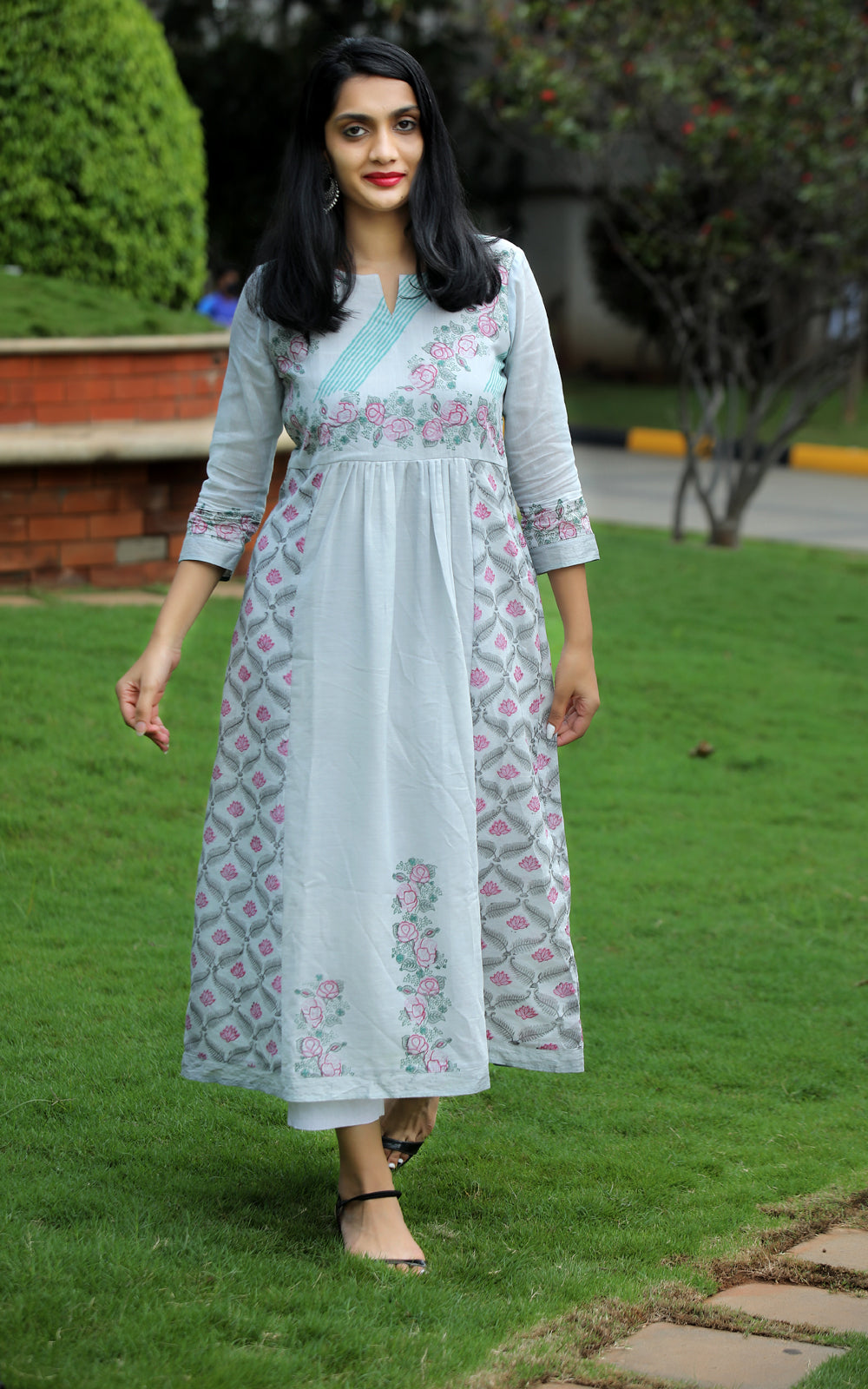 SKY GREY KURTA WITH BLOCK PRINTED YOKE