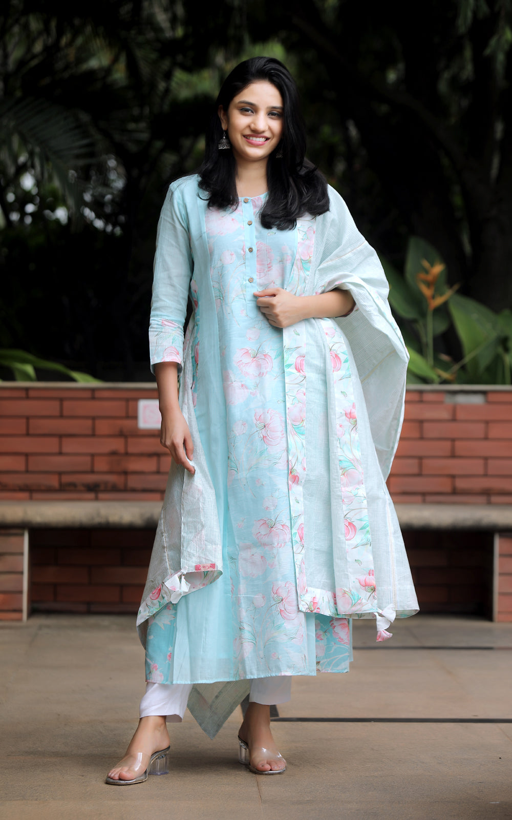 ICE BLUE PEONY COTTON PANELLED KURTA