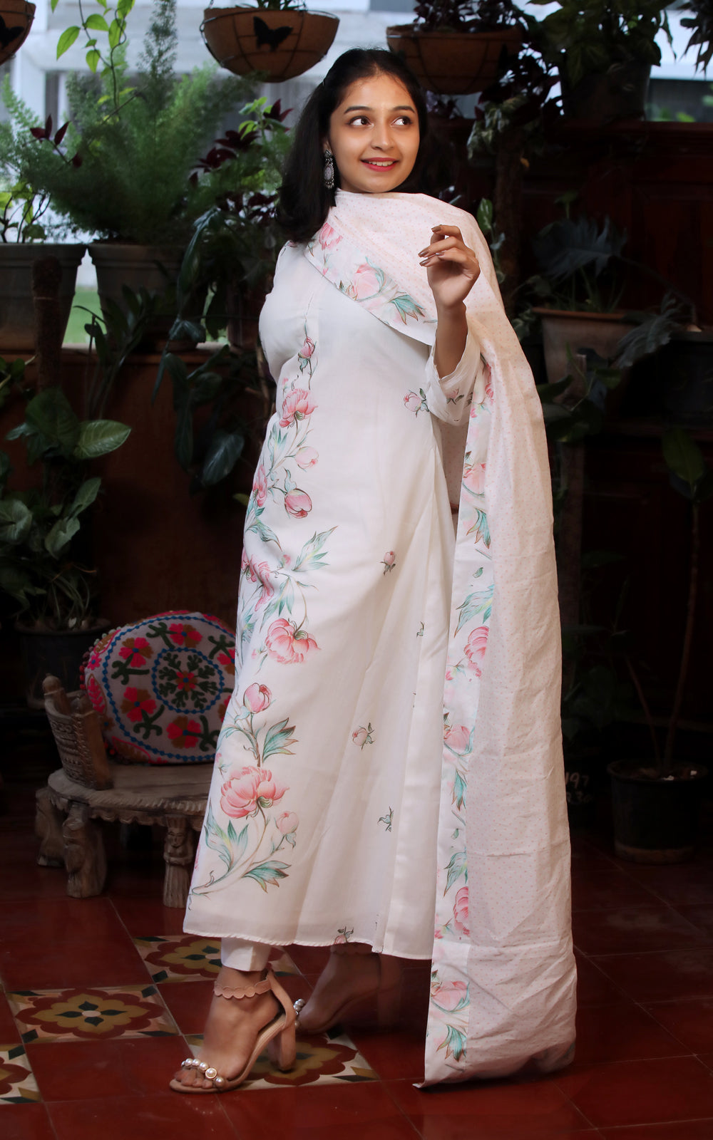 IVORY COTTON PEONY YOKE KURTA