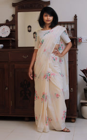 IVORY WHITE COTTON SAREE WITH ROSE CLUSTERS