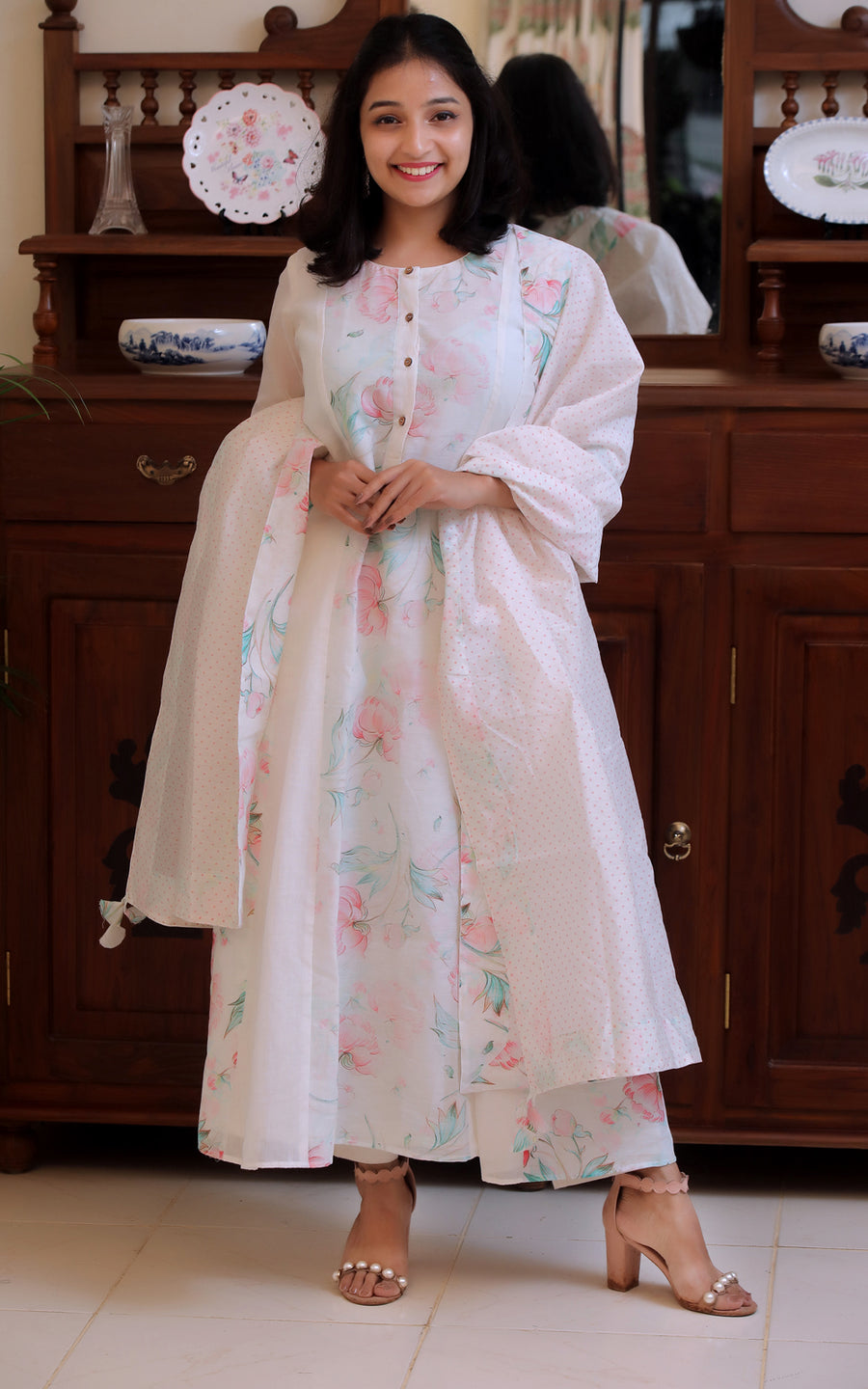 IVORY PEONY COTTON PANELLED KURTA