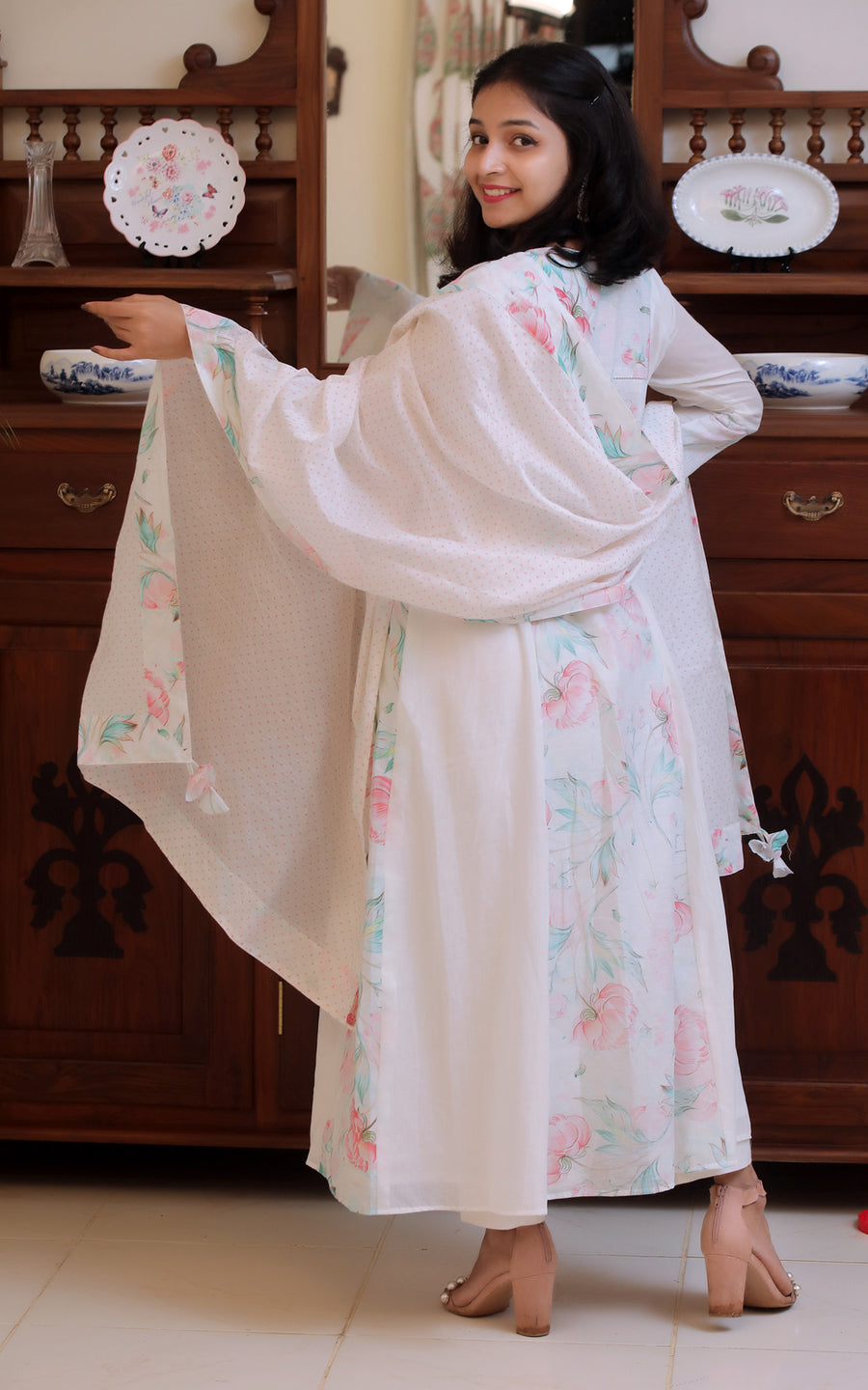 IVORY PEONY COTTON PANELLED KURTA