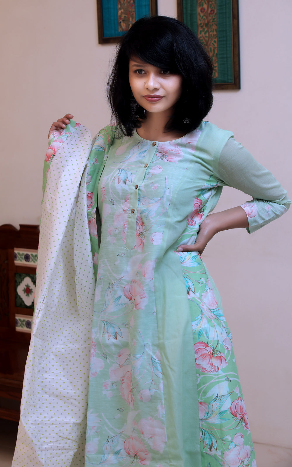 MINT GREEN COTTON PANELLED KURTA