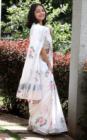 VANILLA WHITE LINEN SAREE WITH ROSES