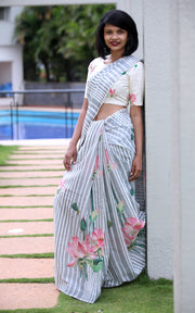 DEEP GREY AND IVORY STRIPED COTTON SAREE WITH LOTUS