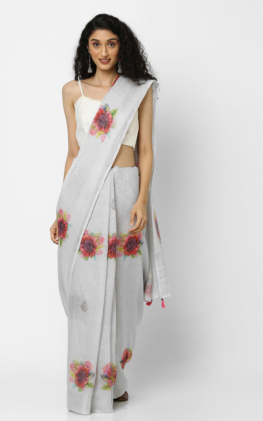 GREY LINEN SAREE WITH RED ROSES
