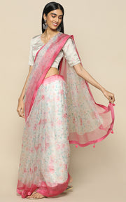 IVORY ORGANZA SILK SAREE WITH PRINTED FLOWERS IN PASTELS WITH PINK BORDER