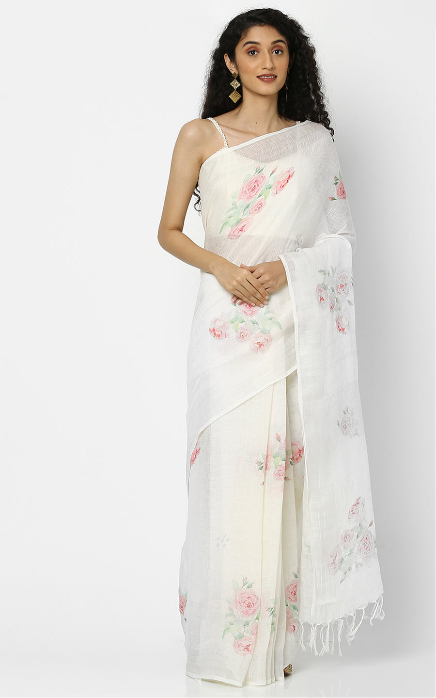 WHITE LINEN SAREE WITH CLUSTERS