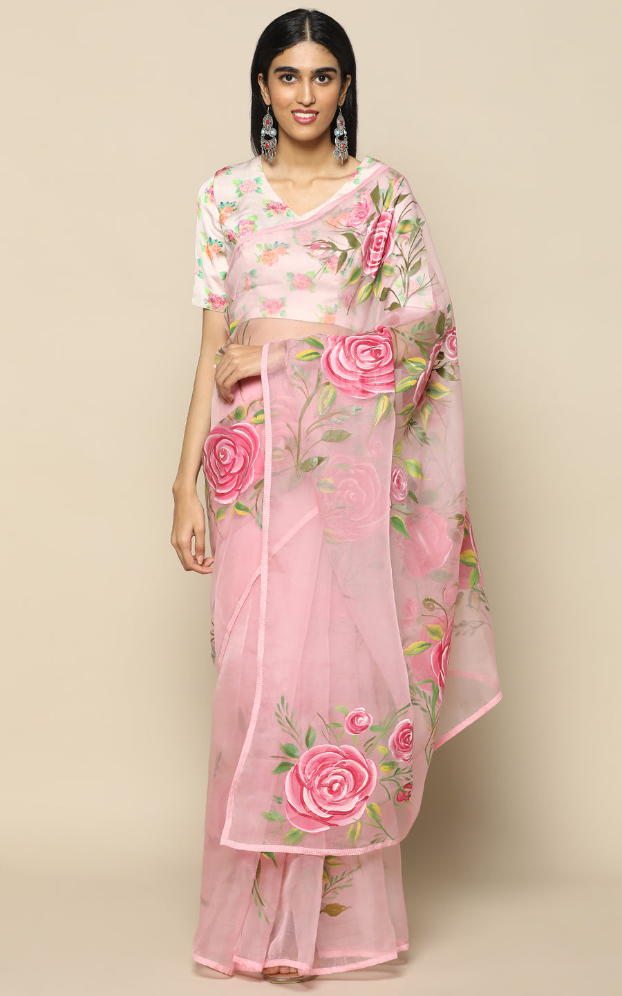BABY PINK ORGANZA SILK SAREE WITH LIGHT PINK HANDPAINTED FLOWERS