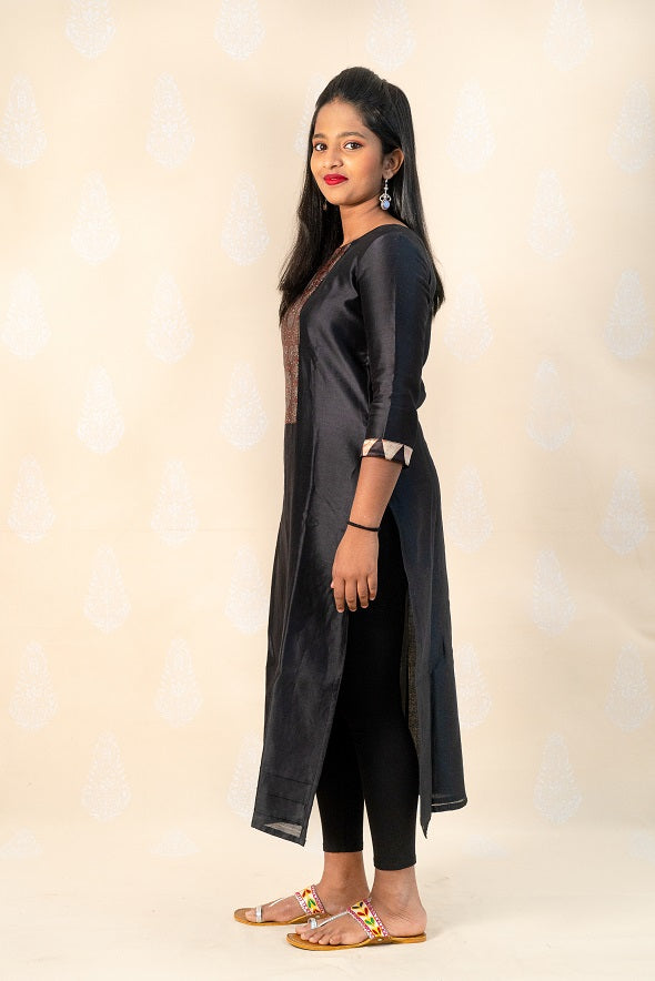 Long Black Chanderi Silk Kurta with Ajrakh - Tina Eapen Design Studio