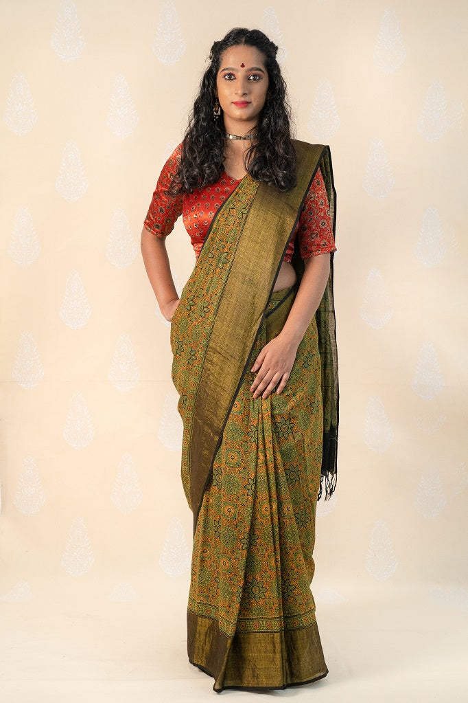 Green Khadi Cotton saree with Ajrakh Prints - Tina Eapen Design Studio