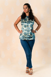 Teal Green Mashru Silk Kurti with Ajrakh - Tina Eapen Design Studio