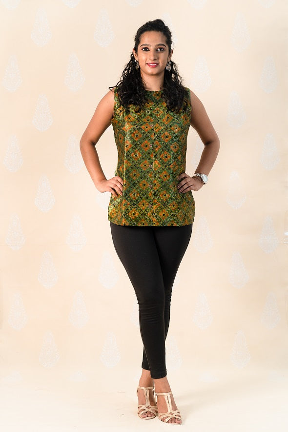 Green Mashru Silk Kurti with Ajrakh - Tina Eapen Design Studio