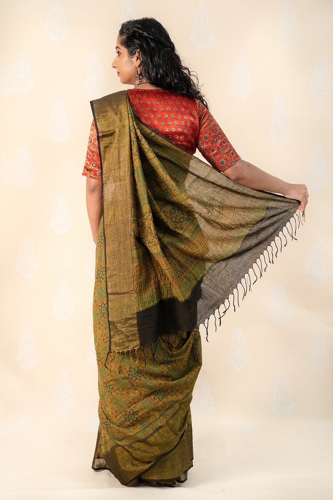 Green Khadi Cotton saree with Ajrakh Prints - Tina Eapen Design Studio