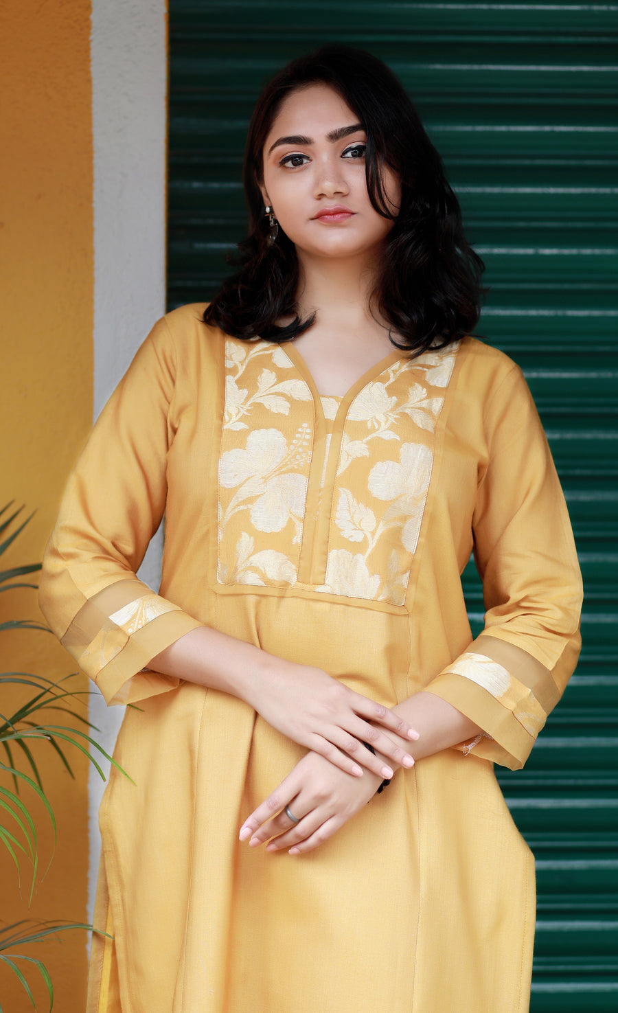 Forever Glazed Corn Silk  Kurta Set  With  Brocade And Organza Detailing