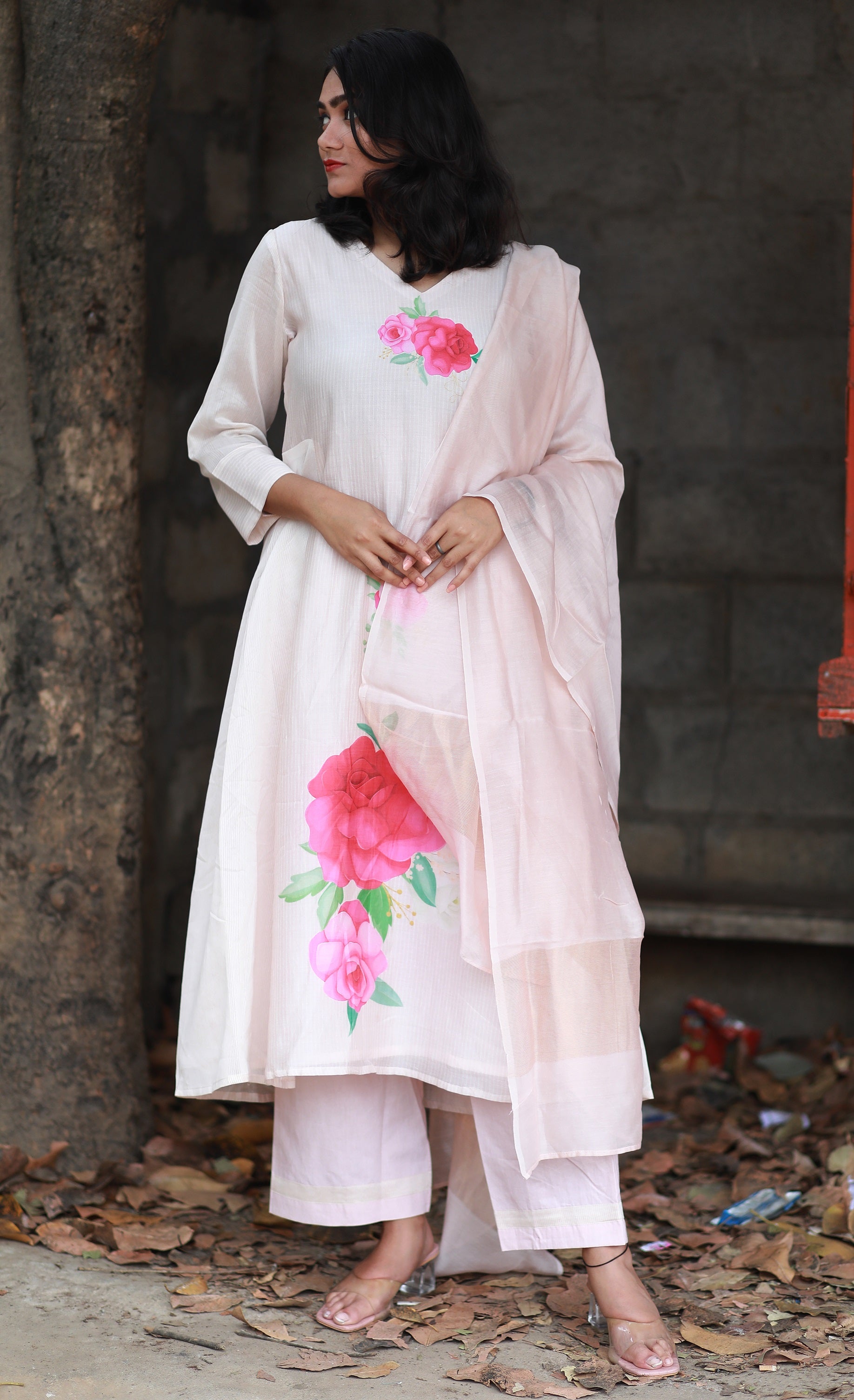 Peach Nectar And Bubblegum Striped Chanderi Silk With Deep Pink Rose Floral Prints