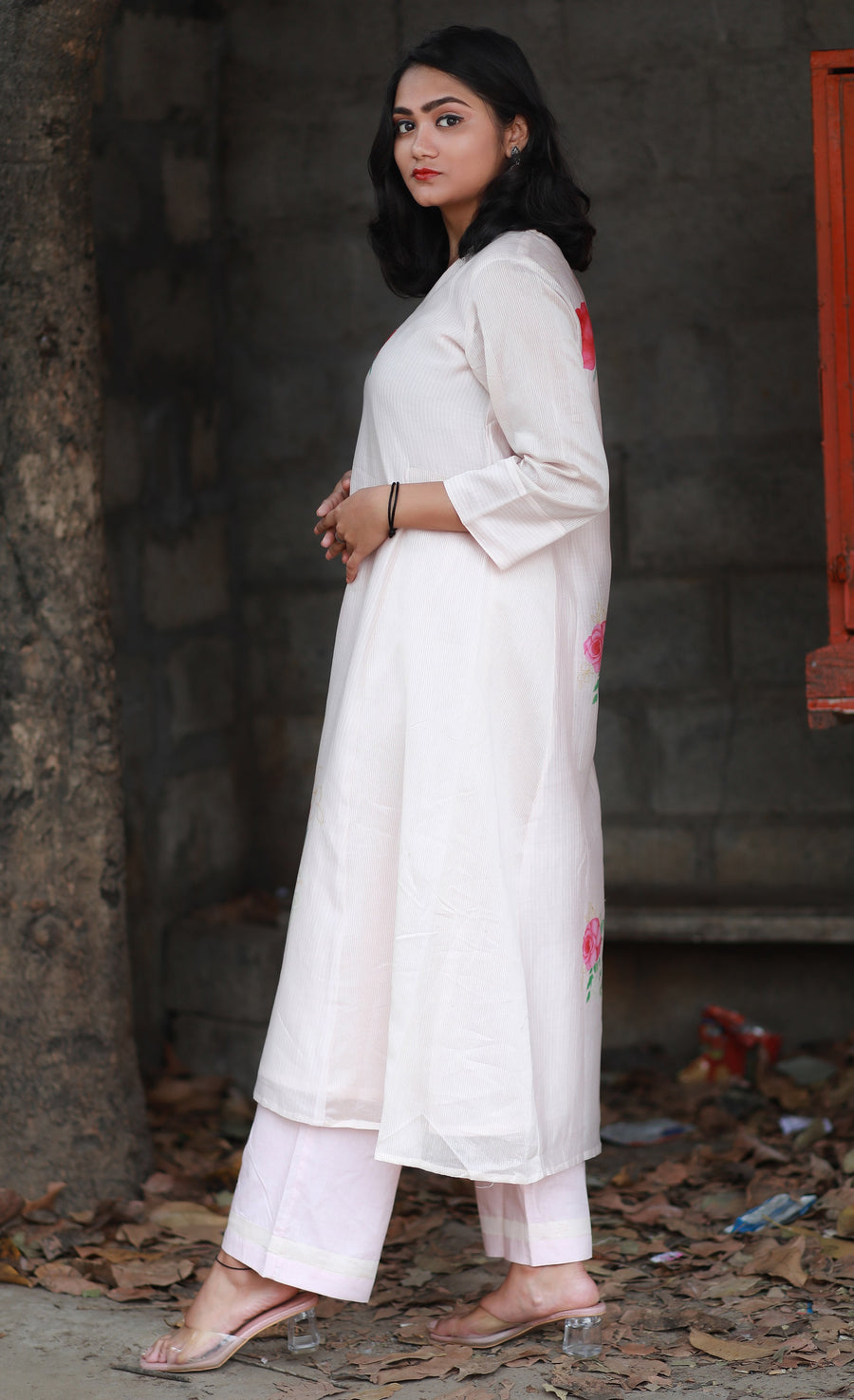 Peach Nectar And Bubblegum Striped Chanderi Silk With Deep Pink Rose Floral Prints