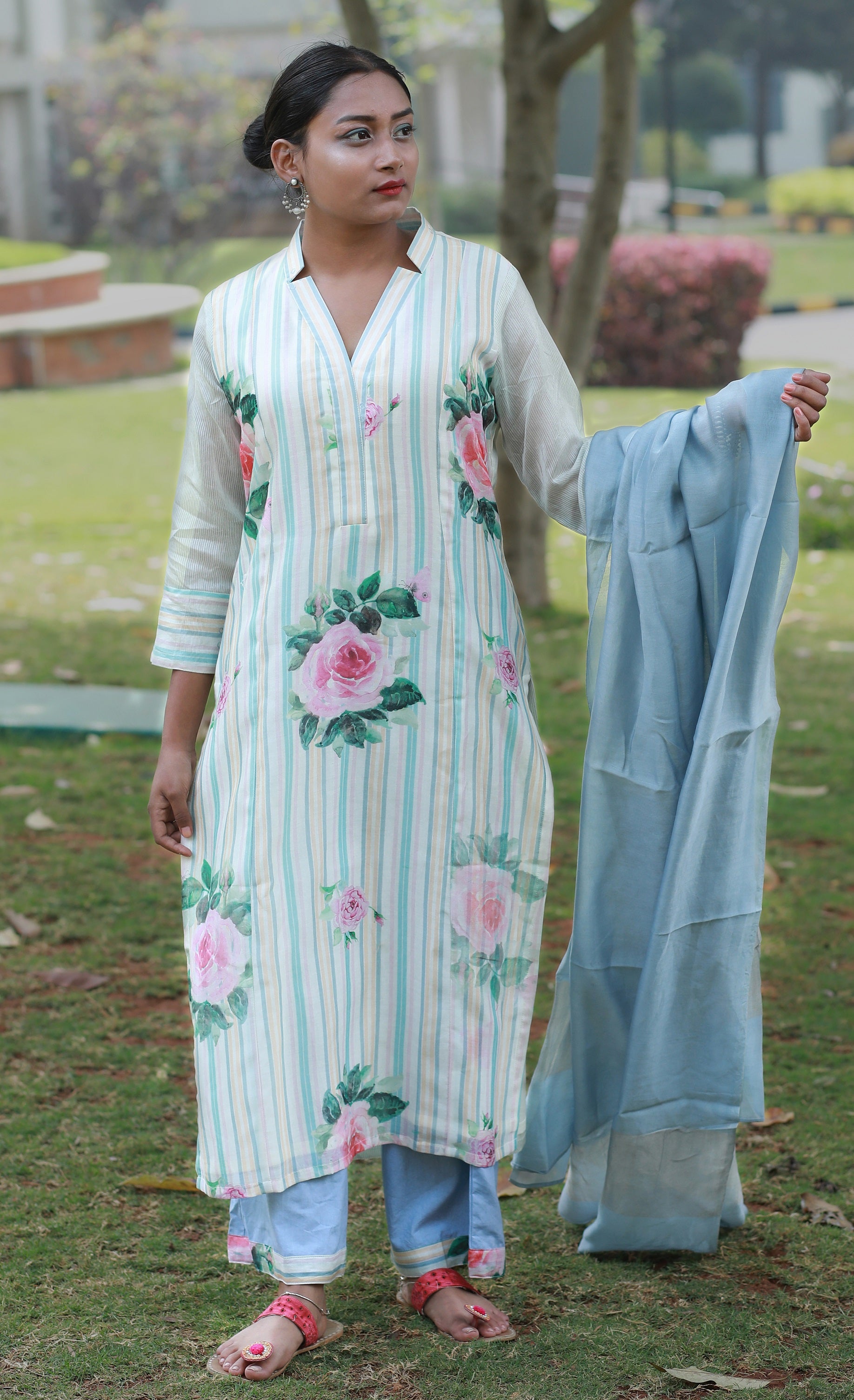 Pristine Chanderi Silk Top With  All Over Roses -top And Bottom