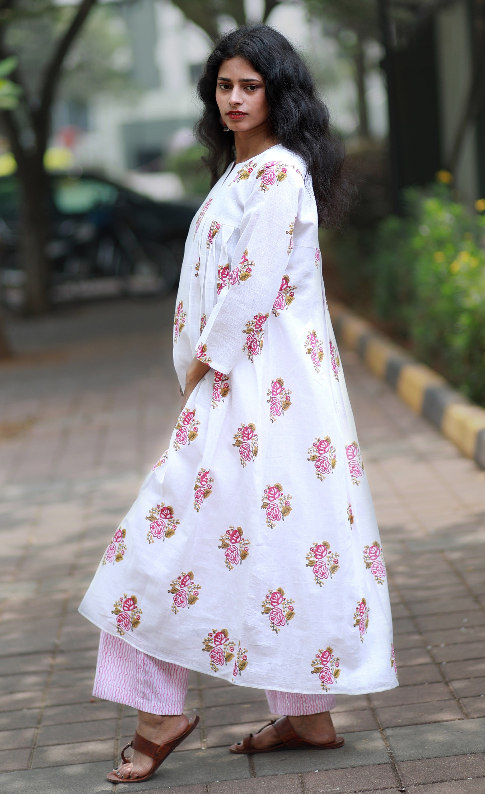 Vanilla And Pink Gardenia  Cotton Kurta -top And Pants With Handblock Prints