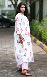 Vanilla And Pink Gardenia  Cotton Kurta -top And Pants With Handblock Prints