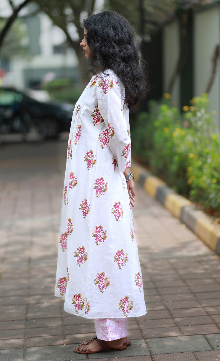 Vanilla And Pink Gardenia  Cotton Kurta -top And Pants With Handblock Prints