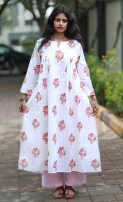 Vanilla And Pink Gardenia  Cotton Kurta -top And Pants With Handblock Prints