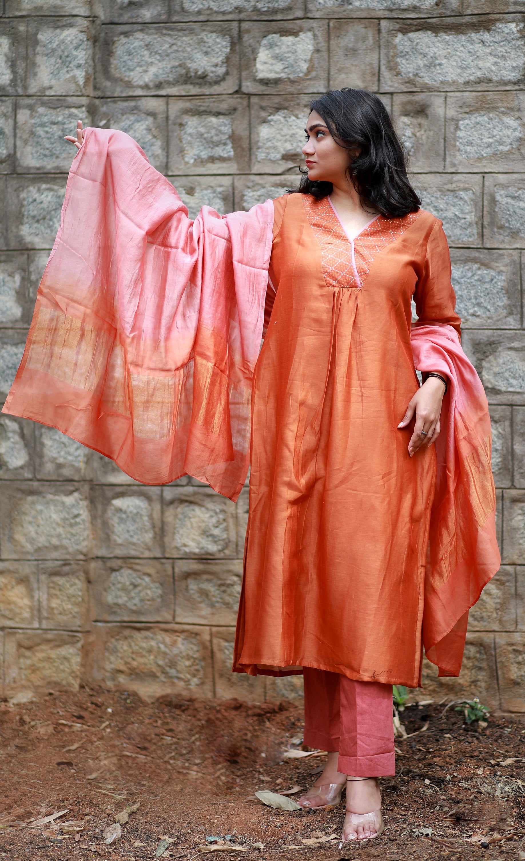 Copper  Handwoven Chanderi Silk Kurta With Brocade And Organza