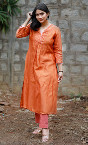 Copper  Handwoven Chanderi Silk Kurta With Brocade And Organza