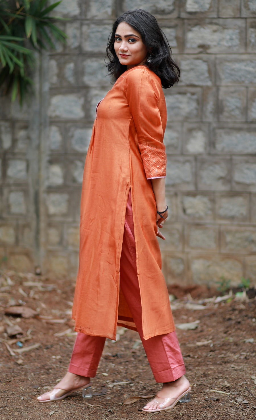 Copper  Handwoven Chanderi Silk Kurta With Brocade And Organza