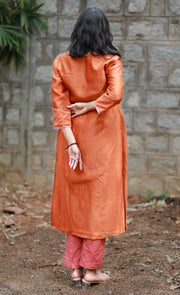 Copper  Handwoven Chanderi Silk Kurta With Brocade And Organza