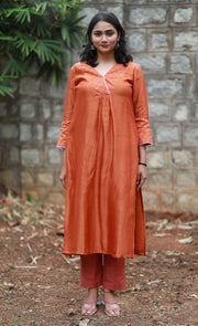 Copper  Handwoven Chanderi Silk Kurta With Brocade And Organza