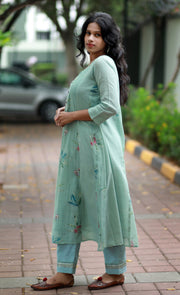 Mint Tropical Paneled Cotton Kurta Set