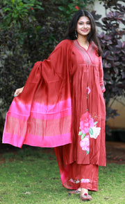 Ginger Rust Chanderi Silk Kurta With Multicolored Running  Stitches At The Yoke