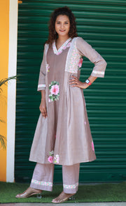 Hazelnut Rose Garden Cotton Kurta Set