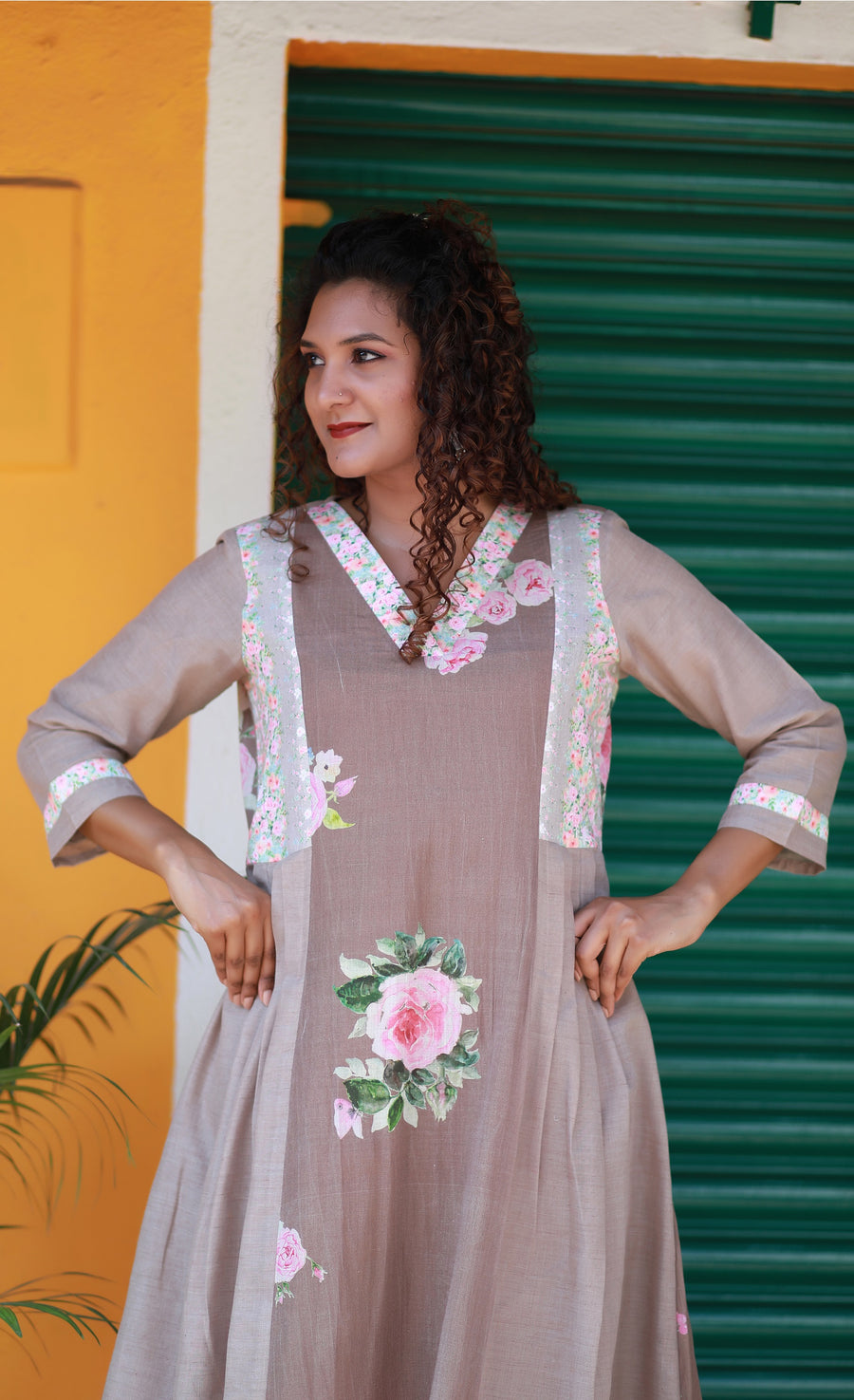 Hazelnut Rose Garden Cotton Kurta Set